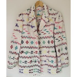 Bohemian Embroidered White Blazer with Geometric Folk-Art Motifs & Symbols RARE
